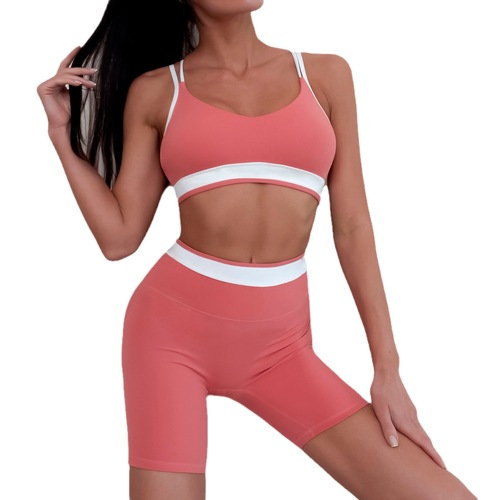 European and American new style double brushed sports suit for women with contrasting color cross-over beautiful back yoga bra and fitness shorts