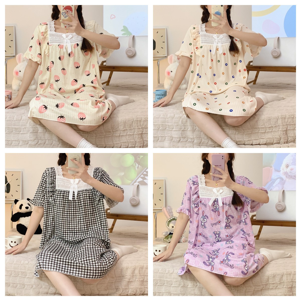 Comercio exterior 2023 camisón de encaje de verano de las mujeres de manga corta de una sola pieza vestido pijamas lindo estudiante Delgado homewear al por mayor