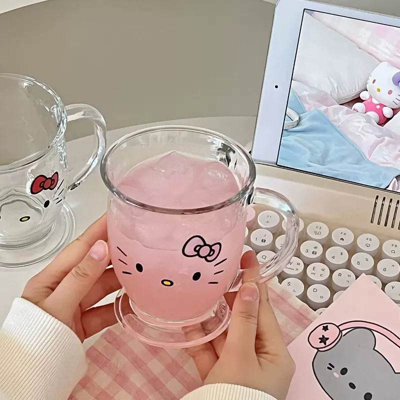 小众少女心可爱KT玻璃杯把手杯子ins风居家咖啡杯牛奶水杯高颜值