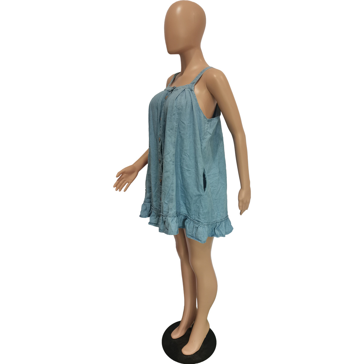 women's clothing Solid color suspenders button pocket loose washed denim dress_mkmklike.com