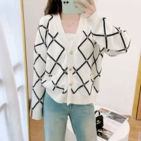 Осенне-зимний французский элегантный жаккардовый кардиган Yingjie M's 22 Chanel в клетку с бриллиантами, свободный шерстяной свитер с V-образным вырезом, пальто
