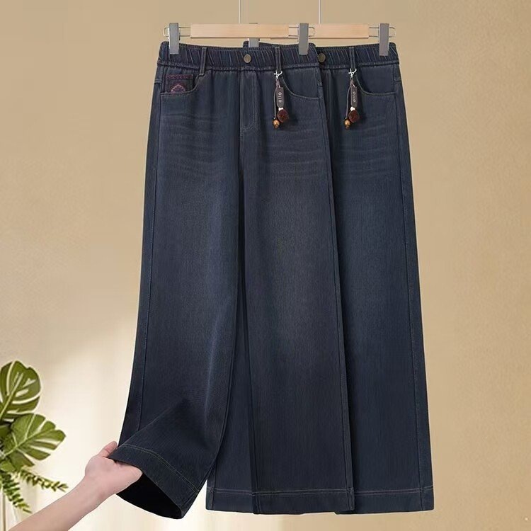 Women's elastic waist denim wide-leg pants for spring and autumn, loose straight soft denim plus-size trousers for middle-aged and elderly women Women's elastic waist denim wide-leg pants for spring and autumn, loose straight soft denim plus-size trousers for middle-aged and elderly women