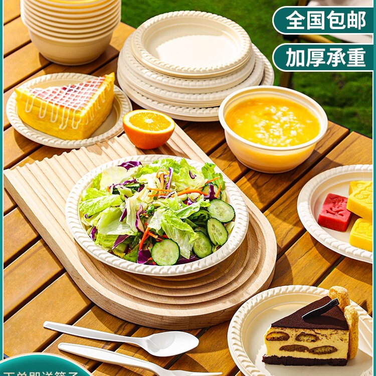Disposable Plate Food Grade Thickened Degradable Dinner Plate Household Round Bowl Fruit Stir-Fry Cake Barbecue