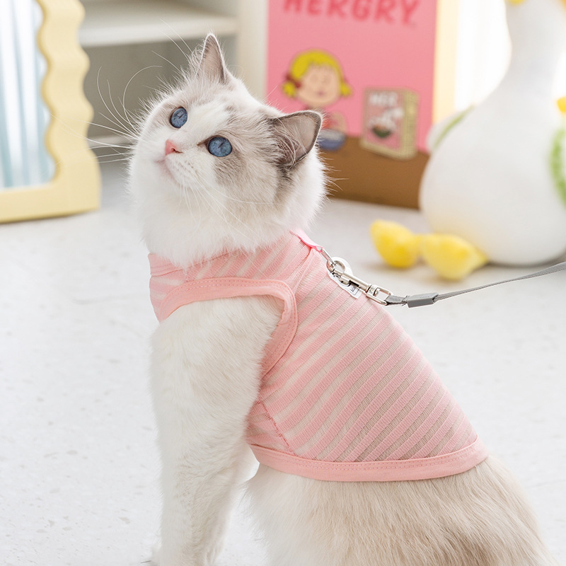 Gato primavera y verano delgado transpirable perro mediano y pequeño perro chaleco de tracción a rayas huecas Teddy ropa para gatos