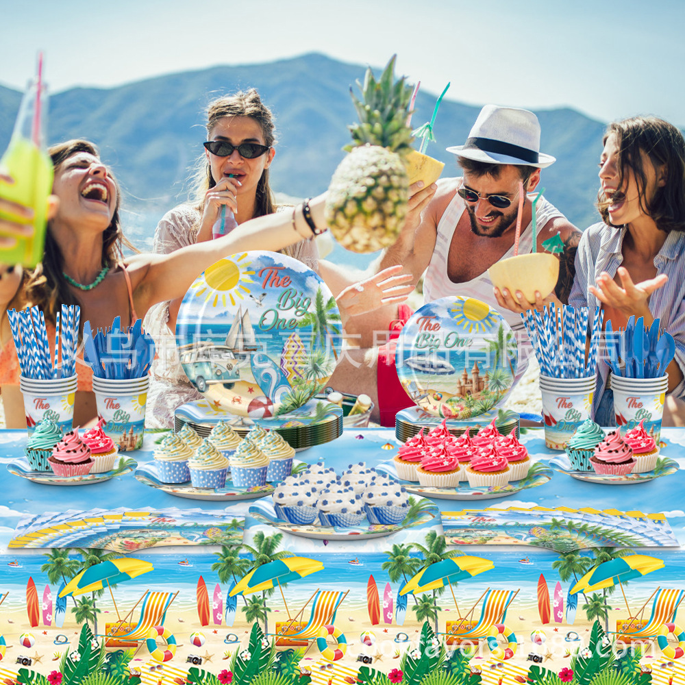 Verano surf de playa tema de fiesta cubiertos de verano bandeja de papel desechable taza de papel conjunto de decoración de toallas