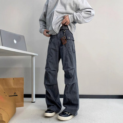 しわ傘兵工装ズボン男性アメリカ式高街痞帅cleanfitゆるいストレートカジュアルズボン春