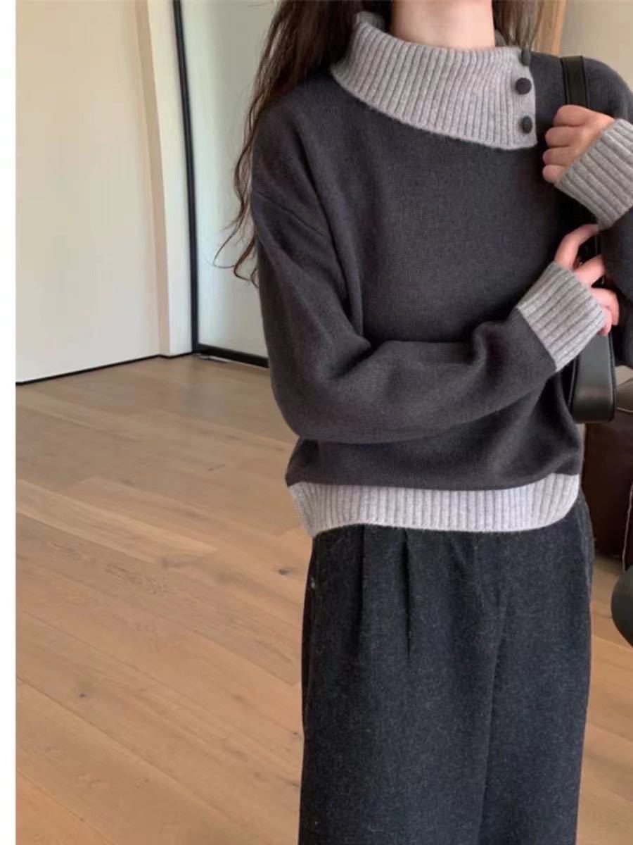 Suéter suelto de polvo de frambuesa glutinosa suave empalmado, mujer otoño-invierno coreano con collar de punto con una gorra elegante