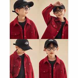 男童新年装儿童灯芯绒衬衫外套秋冬季加绒红色喜庆过年帅气衬衣潮