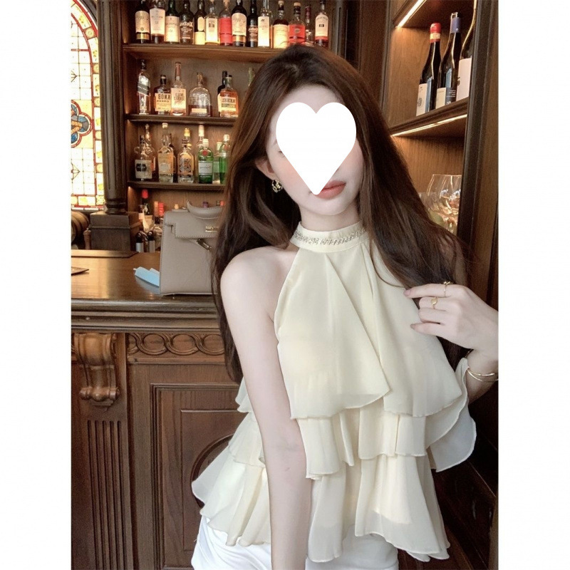 ホットガールノースリーブショルダーシャツ夏ルーズフリルデザイン不規則なシフォンシャツトップスダイヤモンドホルタートップ|undefined