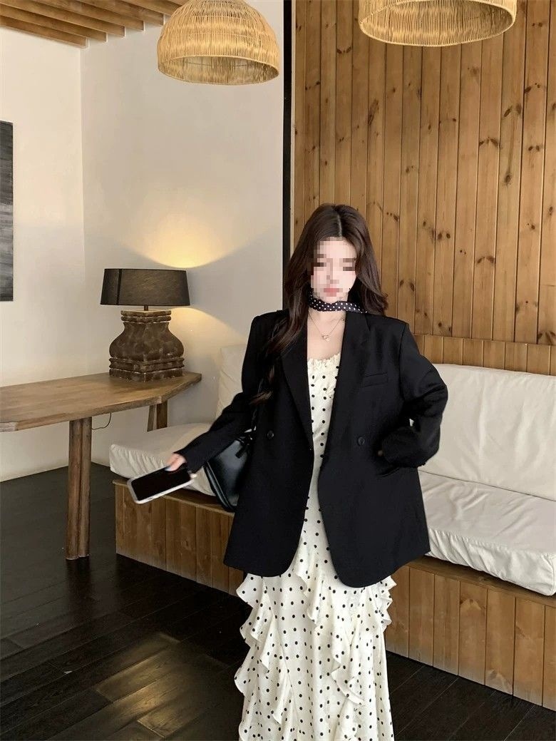 Váy maxi nữ thắt eo kiểu Pháp dây mảnh họa tiết chấm bi — Váy trắng gạo, Bộ đồ đen chi tiết 5