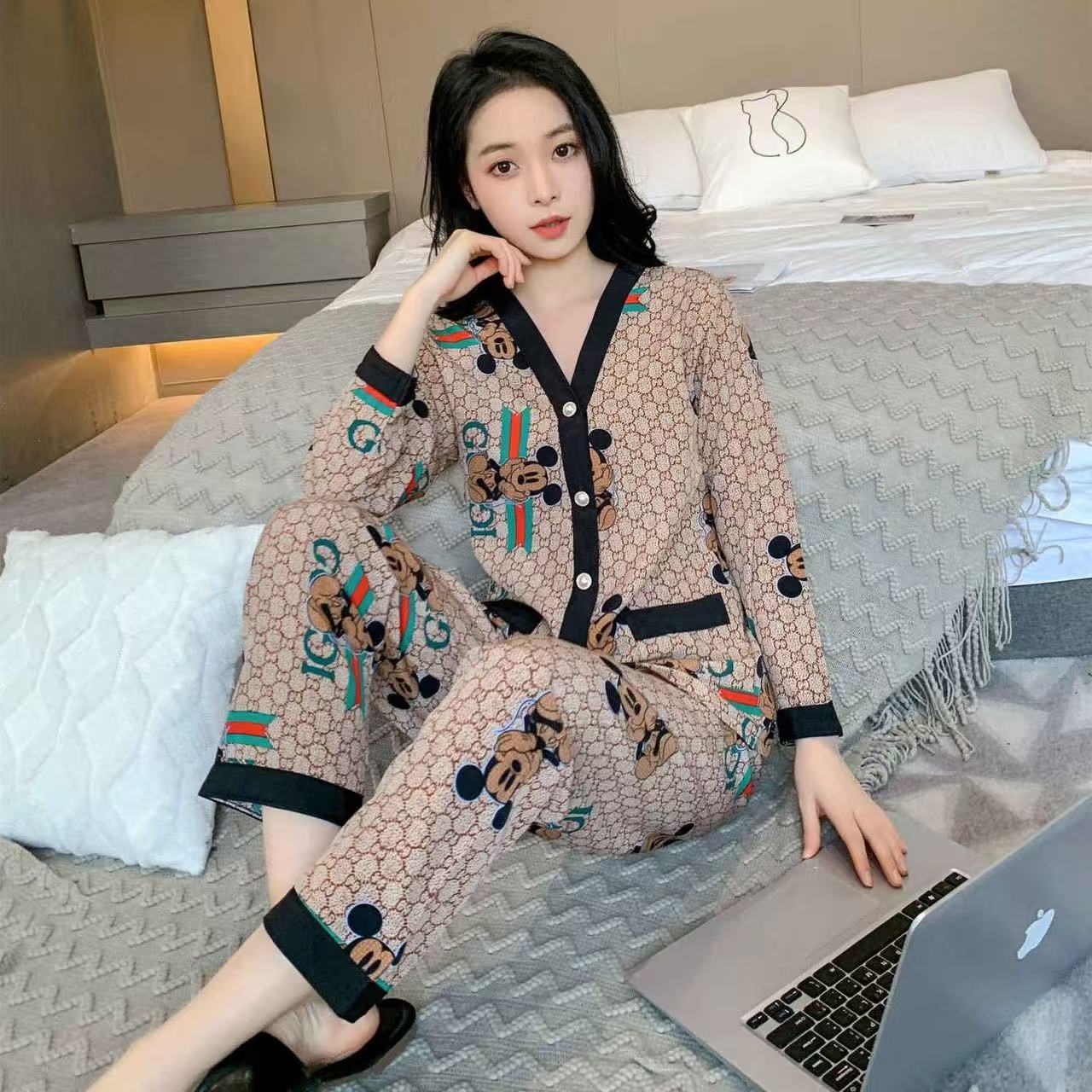 Pijama de mujer primavera y otoño 2025, nuevos pantalones de mangas largas, cardigans, set de ropa de casero de algodón suelta