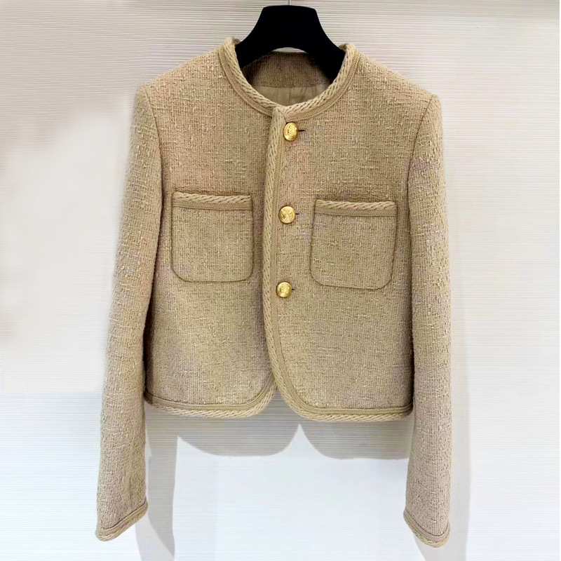 2023 autumn and winter New elegant socialite retro tweed metal buckle jacket round neck double pocket short coat for women