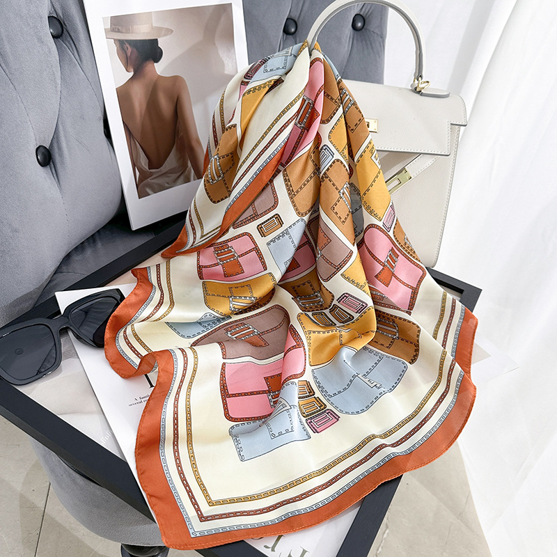 Pañuelo cuadrado con estampado de rejilla de color con costuras creativas de celebridades de la red coreana, decoración de ropa profesional para mujer, bufanda de seda de imitación fina