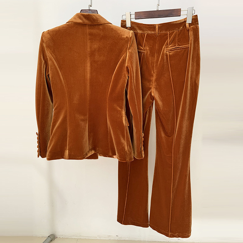 Women's Clothing Autumn And Winter Professional Fashion One Button Gold Velvet Suit Jacket Flared Pants Suit Two Piece Set_voghion.com