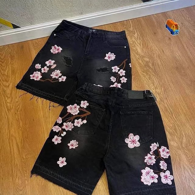 クロスボーダー桜刺繍デニムショーツ男性と女性のための原宿ヒップホップレトロルーズストレートストリートトレンドパーソナライズされたショーツ|undefined