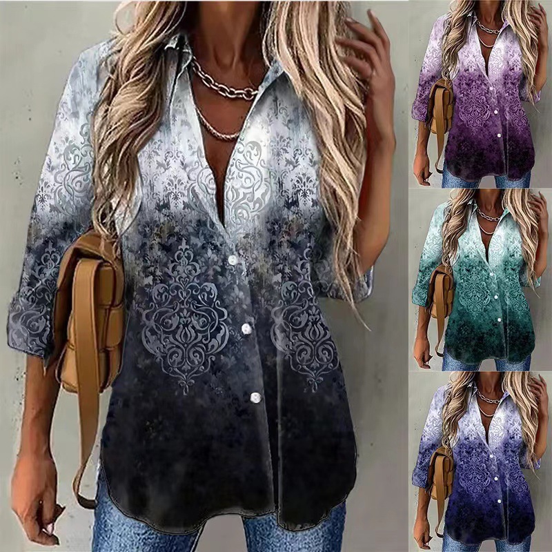 2023 new Amazon AliExpress WISH Europe and the United States hot autumn cross-border tie-dye printed button long sleeve shirt