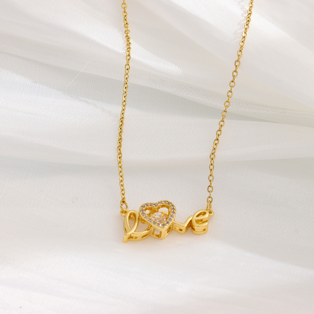 Sweet Love Heart Shape Titanium Steel Plating Hollow Out Inlay Zircon 18k Gold Plated Necklace display picture 5