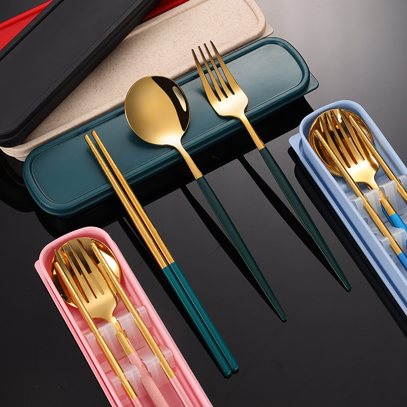 韩式不锈钢便携餐具学生户外收纳盒勺子筷子叉子三件套可印logo
