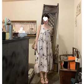 夏季长裙新款水墨画吊带宽松薄款碎花甜美休闲时尚超仙连衣裙
