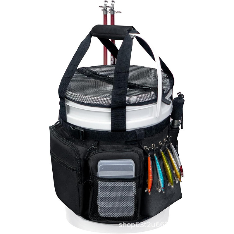 Bolsa de almacenamiento de barril de pesca Bolsa de equipo de pesca con soporte de línea y pinzas Bolsa de barril de pesca multibolsillo