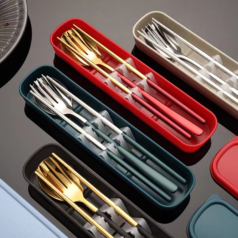 High-value Stainless Steel Portable Fork Spoon Chopsticks Three-piece Set Storage Tableware Set for Work and Travel