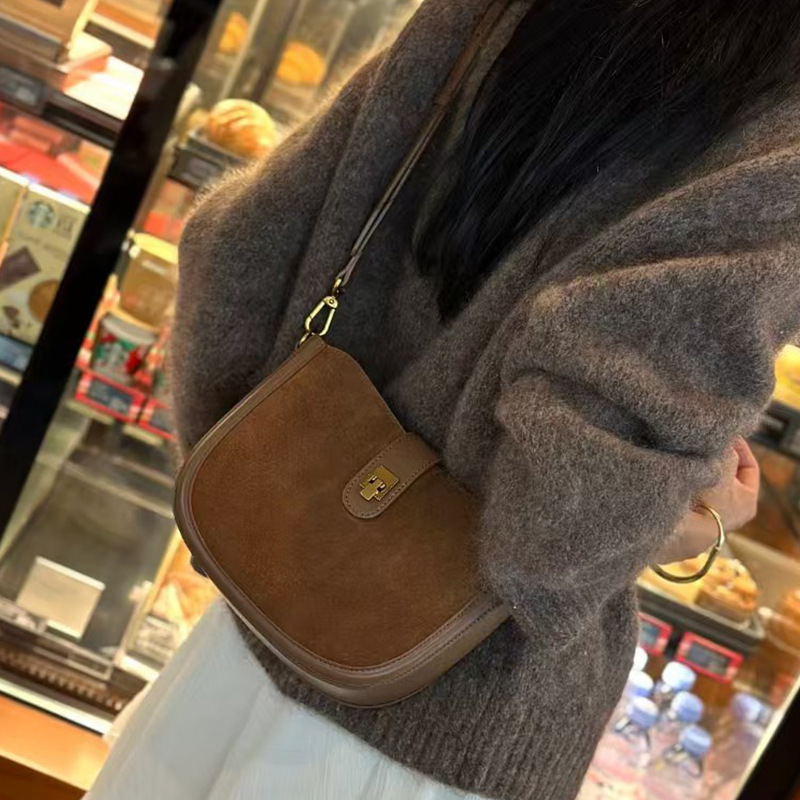 真皮女包新款复古时尚磨砂牛皮单肩包高级感小众斜挎包马鞍包|undefined