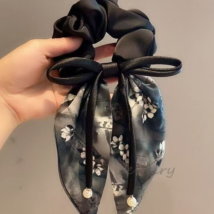 Nuevo lazo de raso estampado, coletero de encaje elegante estilo chino, cuerda para el pelo de cola de caballo al por mayor