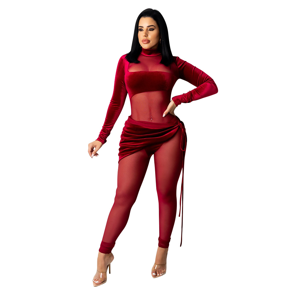 Women's fashion sexy mesh velvet splicing solid color jumpsuit_voghion.com