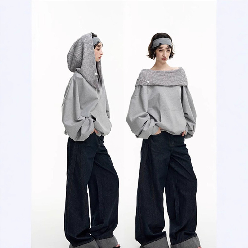 American-Style Loose Gray Long-Sleeve Off-Shoulder Wasteland Style Hooded Sweatshirt for Women 2025 New Design Top American-Style Loose Gray Long-Sleeve Off-Shoulder Wasteland Style Hooded Sweatshirt for Women 2025 New Design Top