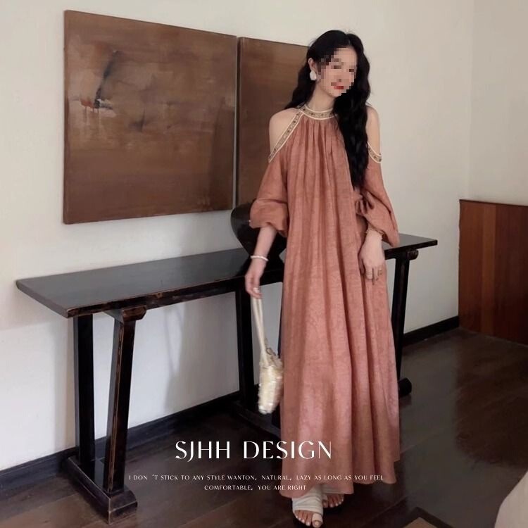 三吉黑花 露肩花边连衣裙子女夏季2025新款新中式长裙显瘦潮|undefined