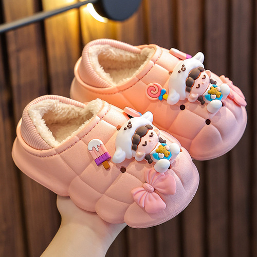 Baby and children's cotton slippers for boys and girls in winter, indoor waterproof and poop-feeling bags, parent-child cute home cotton shoes