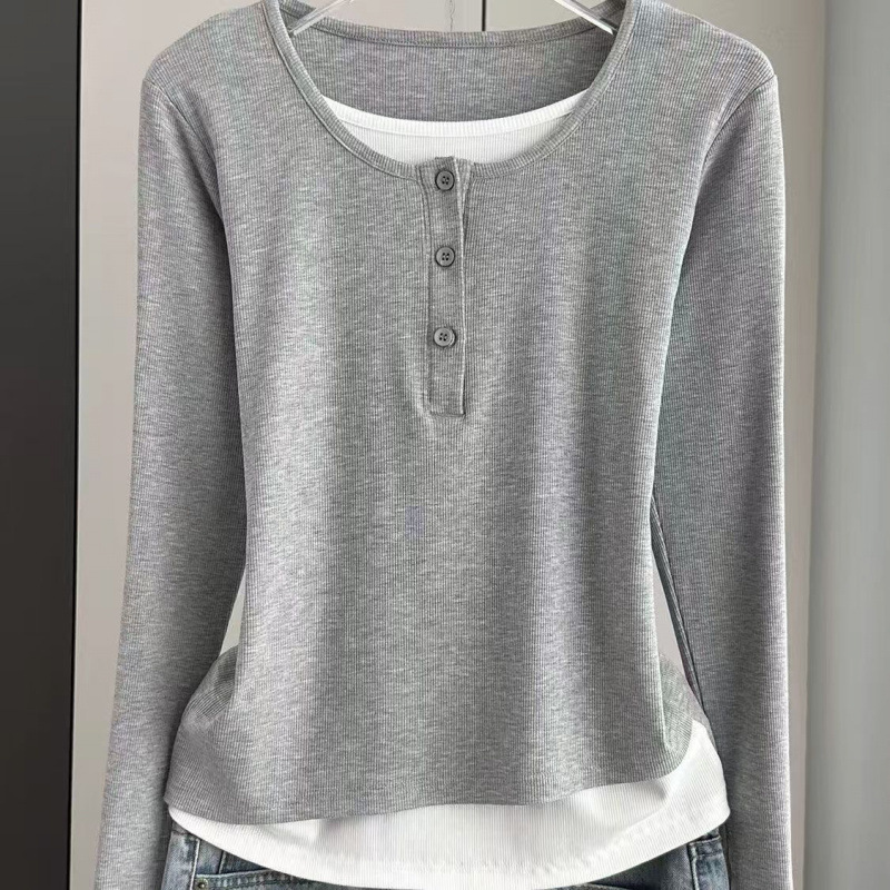 偽の2つの雰囲気感の長袖のtシャツの女性の春秋の新型の修身はやせています。|undefined