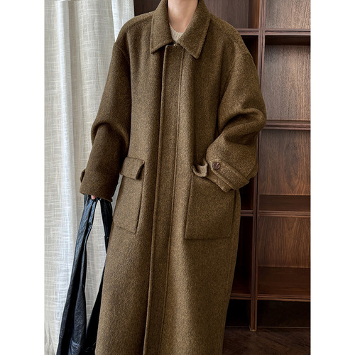 Luxe Wool Blazer with Zipper, Double-Faced Wool, Women's Silhouette with Double Pockets, Long Warm Coat 5092