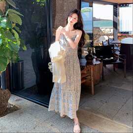 夏季新款法式衬衣碎花吊带长裙两件套