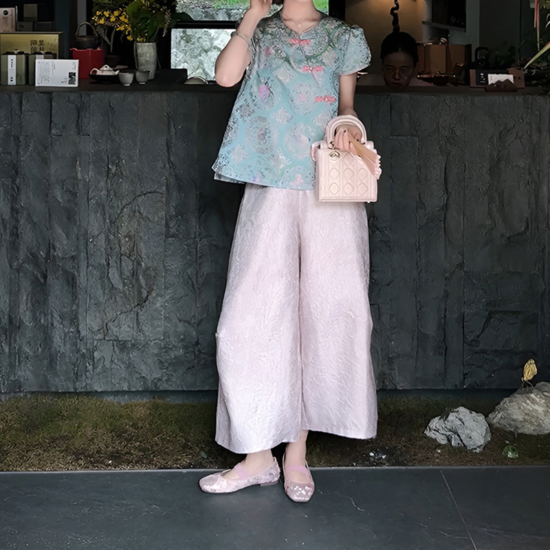 2025年夏服、気質の高級新作中国風プリントスタンドカラー半袖トップスとワイドレッグパンツの2点セット|undefined