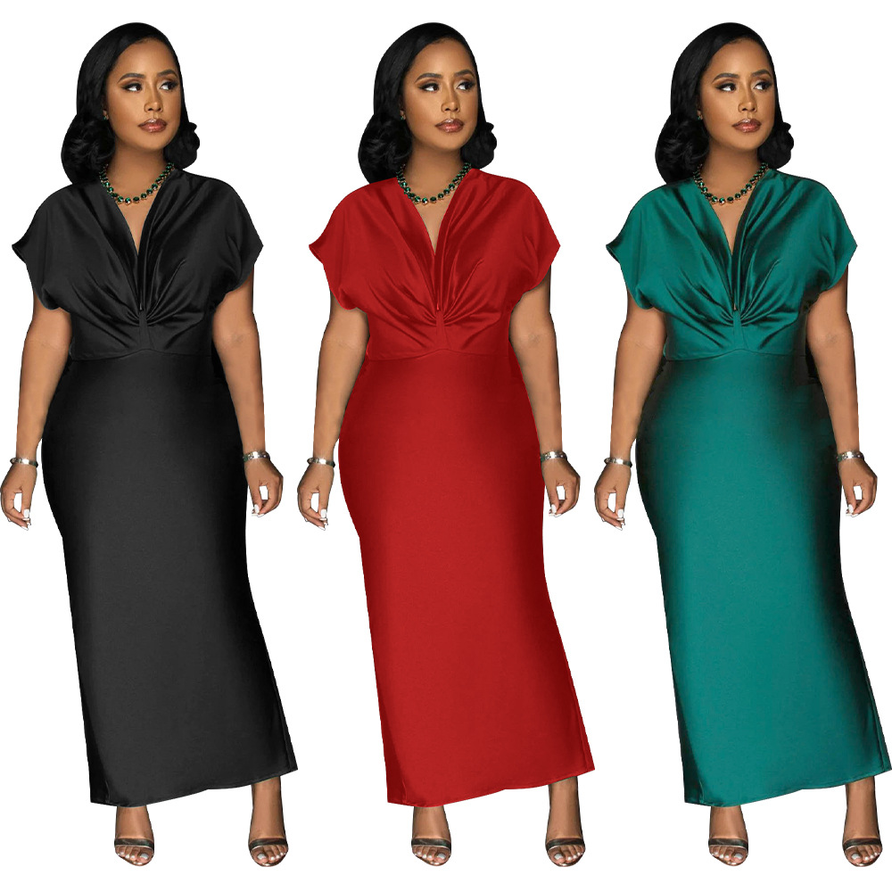 Women's V Neck Short Sleeve Dress Elegant Slim Fit with Back Slit K10697 AliExpress European And American Cross Border Fashion New_ecoleips.com