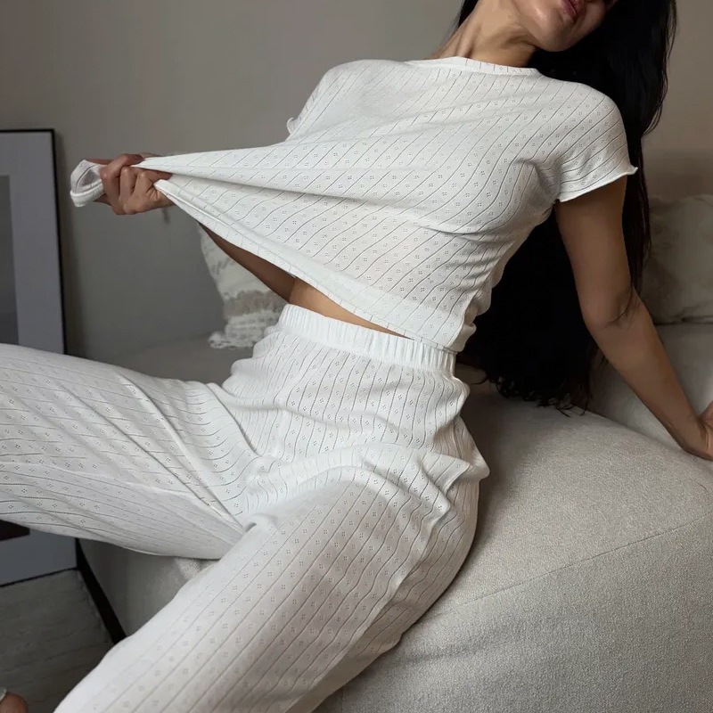Conjunto de pijama mujer jacquard transpirable manga corta_voghion.com