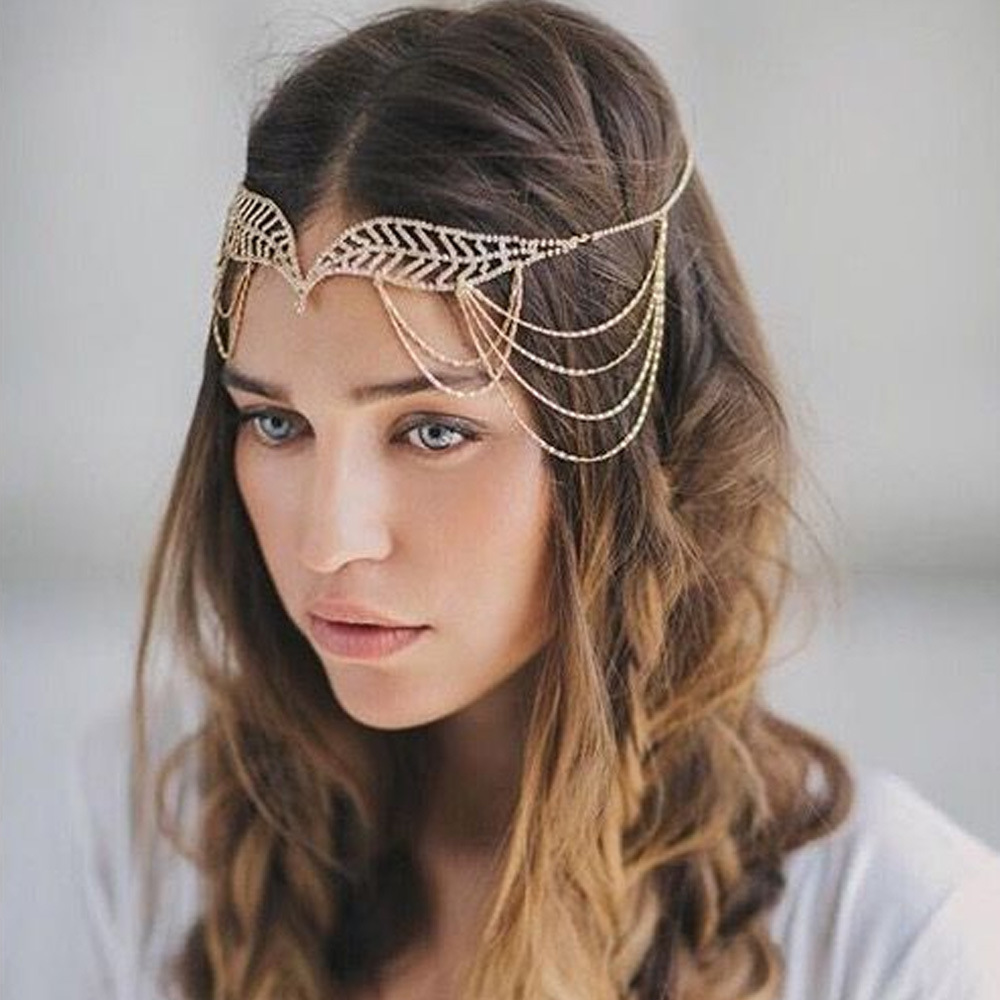 Cross-Border New Product Leaf Wing Forehead Chain European and American Ethnic Style Multi-Layer Rhinestone Hair Chain Headpiece Hair Chain