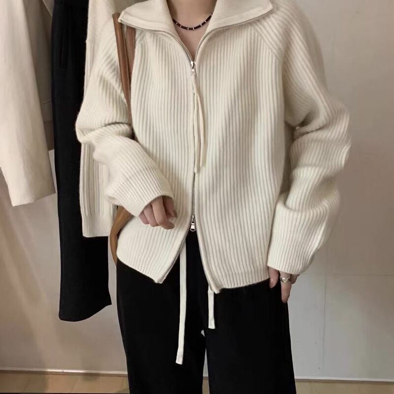 Autumn and Winter White Lapel Zipper Knitted Cardigan Women's Lazy Style Outer Sweater Jacket Winter High Collar Thickeneded Top Autumn and Winter White Lapel Zipper Knitted Cardigan Women's Lazy Style Outer Sweater Jacket Winter High Collar Thickeneded Top