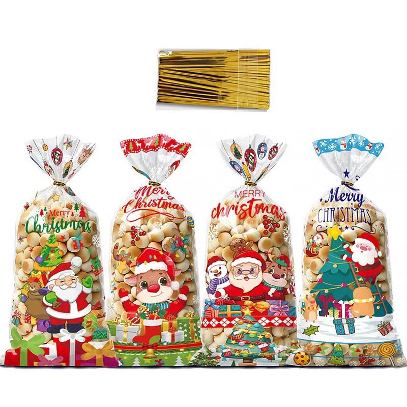 50个可爱圣诞老人摘星OPP平口袋 圣诞派对糖果巧克力礼品包装袋