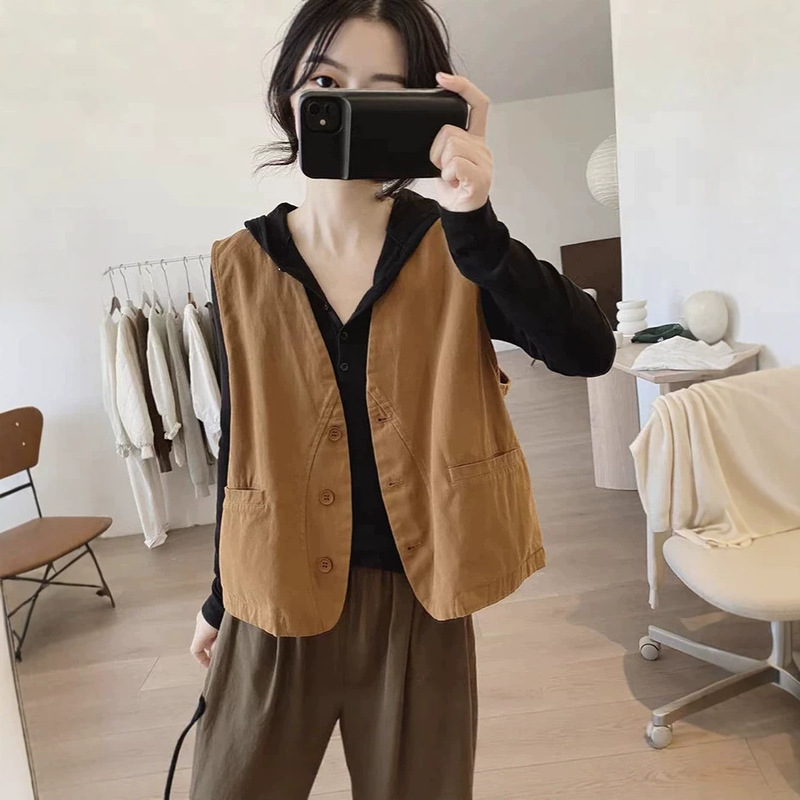 Cotton Vest Jacket for Women, New Spring and Autumn Style, Loose Fit, Slimming V-Neck, Simple and Unique Design, Workwear Vest