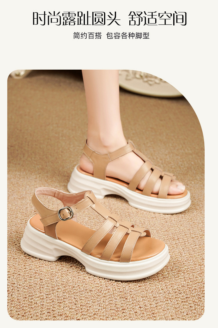 Sandal La Mã nữ da thật đế dày gót vuông quai ngang — Màu đen chi tiết 15