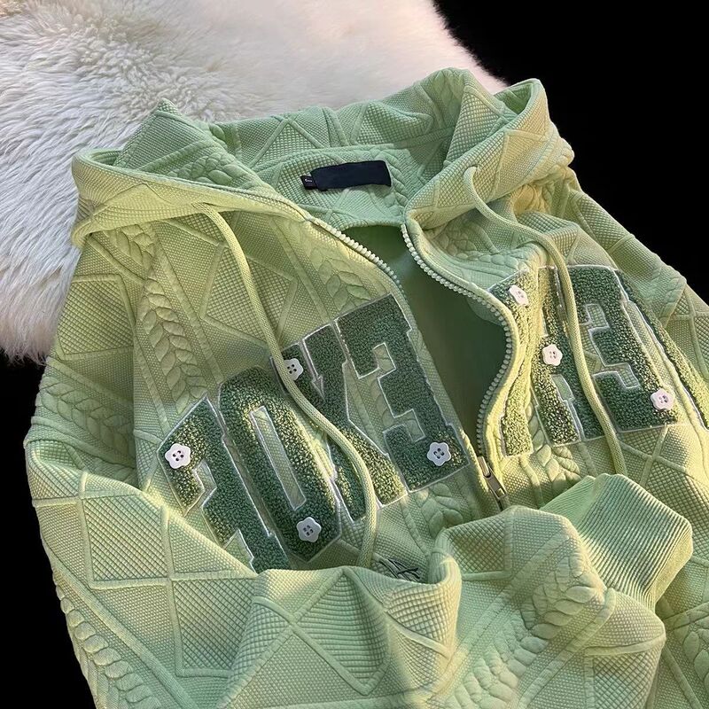 Green American Retro Letter Embroidered Hooded Jacket for Women Spring and Autumn Thin Loose Sweatshirt Cardigan College Style