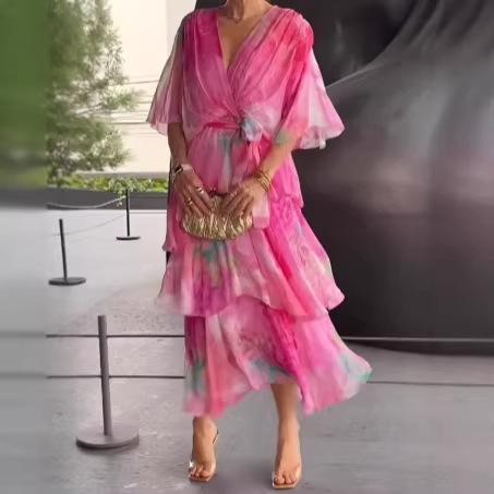 2025 Cross-Border European and American Amazon Independent Site New Spring and Summer Gradient Print Layered Fashion Women's Dress