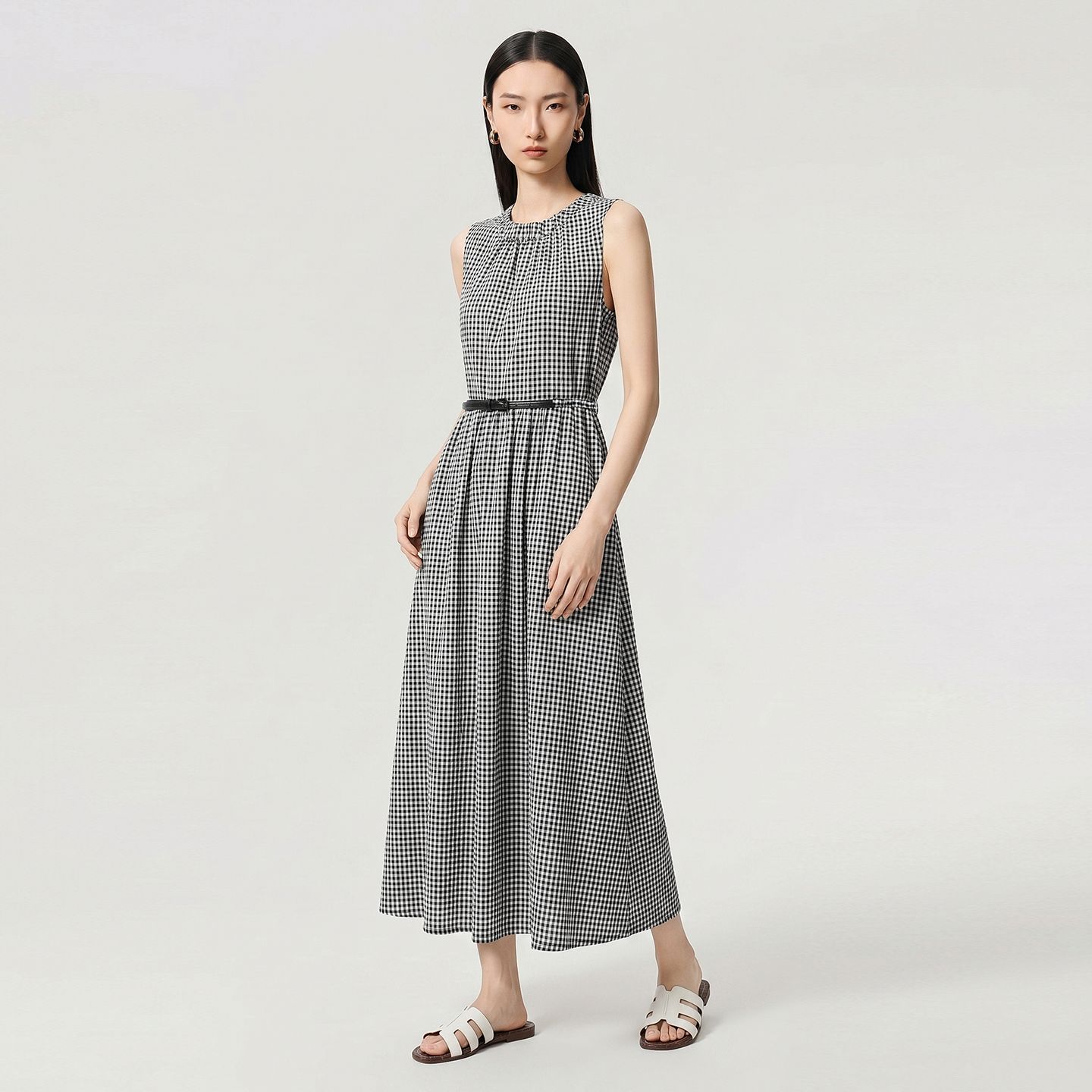 Đầm maxi nữ thắt eo họa tiết kẻ ô cổ điển, tay không, phong cách Pháp — Lưới đen trắng