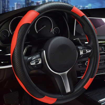New Car Steering Wheel Cover for All Seasons, Elastic Inner Ring, Non-Slip Leather, Carbon Fiber Cross-Border Popular Handlebar Cover (Steering wheel cover) - black-red-805-36cm
