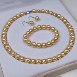 正圆施家珍珠三件套项链手链耳环女款套装高贵金色时尚大气锁骨链