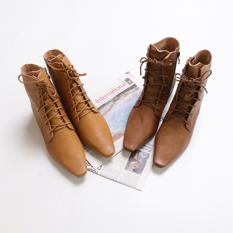 2025 New Cowhide Shoes Pointed Toe Women's British Style Boots Women's Autumn and Winter Square Toe Low Heel Genuine Leather Short Boots Single Boots