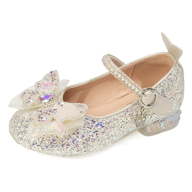 Туфли принцессы для девочек, маленькие кожаные туфли, новинка 2023 года, весенняя детская обувь на высоком каблуке, детская обувь Эльзы, туфли с кристаллами для девочек