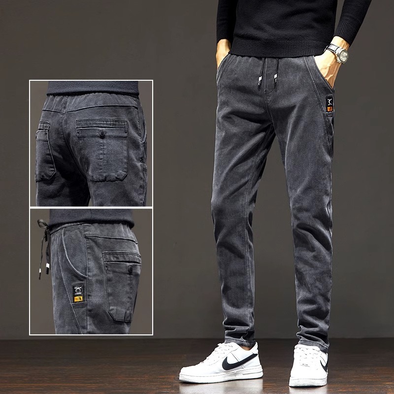 Otoño y invierno con jeans de lana para hombres calientes elásticos recto cintura elástica pantalones casuales de moda para hombres image 3